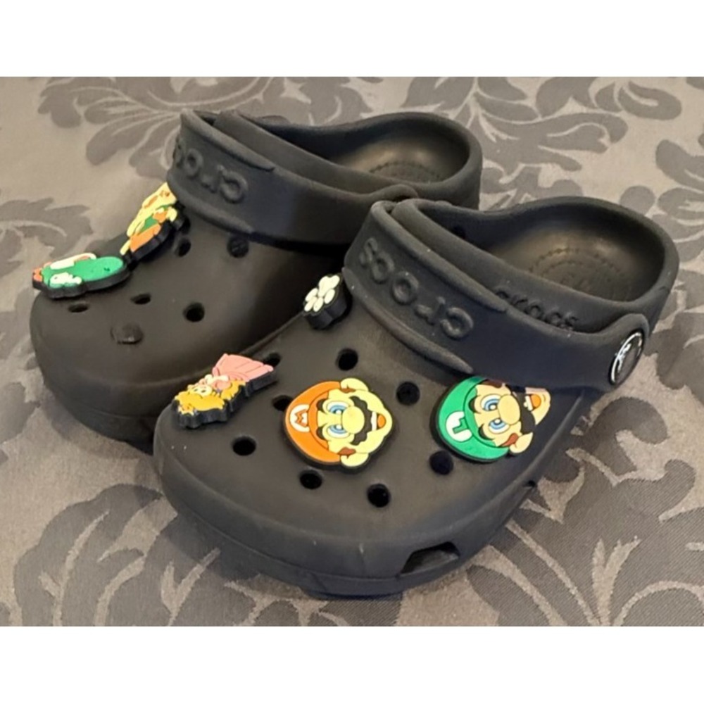 Crocs Classic Clog Black Size C10 Unisex Mario Character Charms Slip On Comfort